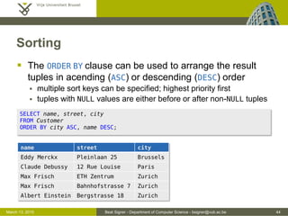 Beat Signer - Department of Computer Science - bsigner@vub.ac.be 44March 13, 2015
Sorting
 The ORDER BY clause can be used to arrange the result
tuples in acending (ASC) or descending (DESC) order
 multiple sort keys can be specified; highest priority first
 tuples with NULL values are either before or after non-NULL tuples
SELECT name, street, city
FROM Customer
ORDER BY city ASC, name DESC;
name street city
Eddy Merckx Pleinlaan 25 Brussels
Claude Debussy 12 Rue Louise Paris
Max Frisch ETH Zentrum Zurich
Max Frisch Bahnhofstrasse 7 Zurich
Albert Einstein Bergstrasse 18 Zurich
 