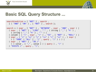 Beat Signer - Department of Computer Science - bsigner@vub.ac.be 53March 13, 2015
Basic SQL Query Structure ...
searchCondition = [ "NOT" ] , search ,
{ ( "AND" | "OR" ) , [ "NOT" ] , search };
search = ( expr , [ "NOT" ] , "BETWEEN" , expr , "AND" , expr ) |
( expr , [ "NOT" ] , "LIKE" , "'" , ( string | "_" | "%" ) ,
{ string | "_" | "%" } , "'" ) |
( column | ( "(" , expr , ")" ) , "IS" , [ "NOT" ] , "NULL" ) |
( expr , ( "=" | "<>" | ">" | ">=" | "<" | "<=" ) , ( expr |
( [ "SOME" | "ALL" ] , "(" , query , ")" ) ) ) |
( expr , [ "NOT" ] , "IN (" ,
( ( value , { "," , value } ) | query ) , ")" |
( "EXISTS (" , query , ")";
 