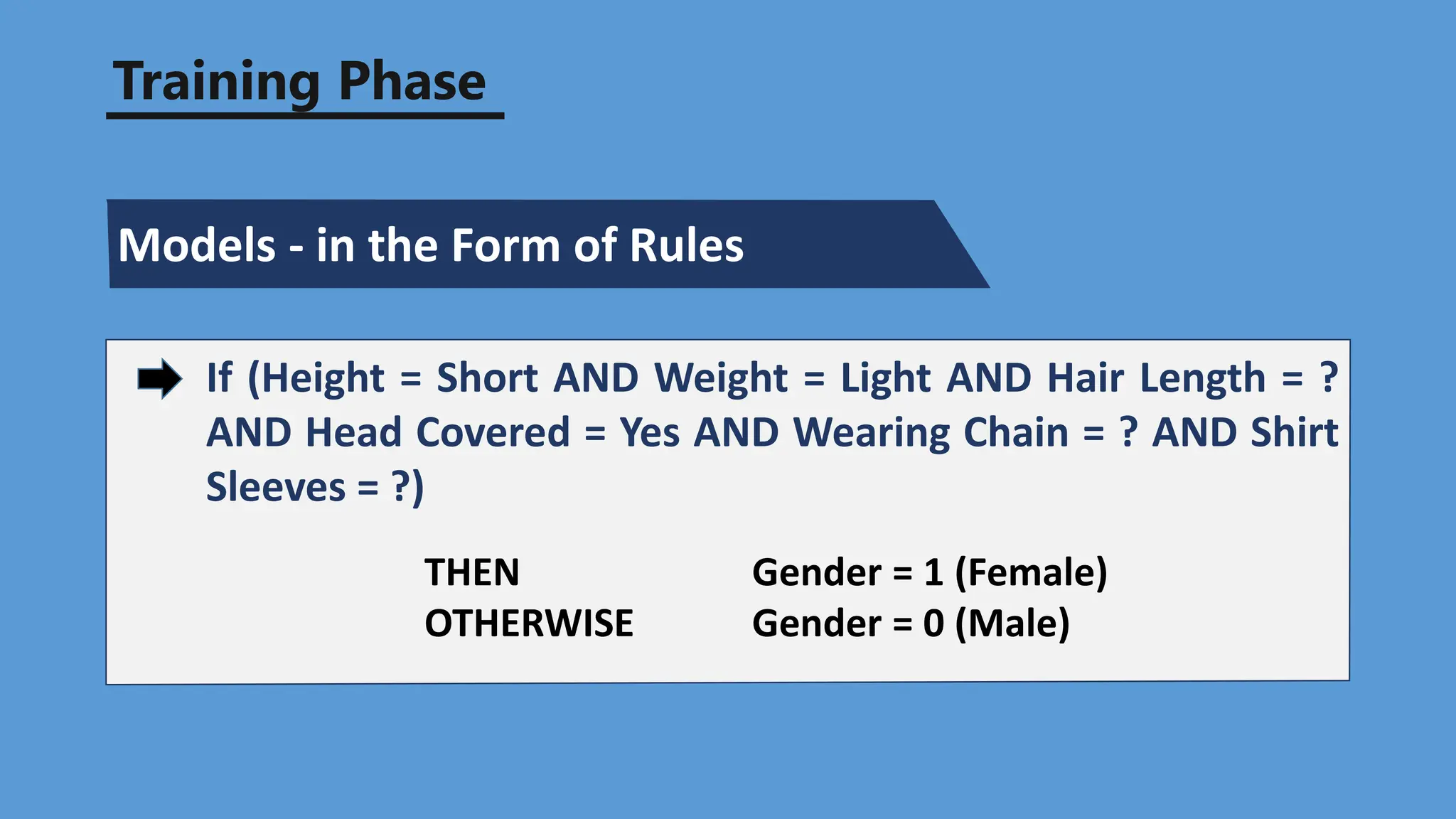 Training Phase
Models - in the Form of Rules
If (Height = Short AND Weight = Light AND Hair Length = ?
AND Head Covered = Yes AND Wearing Chain = ? AND Shirt
Sleeves = ?)
THEN Gender = 1 (Female)
OTHERWISE Gender = 0 (Male)
 