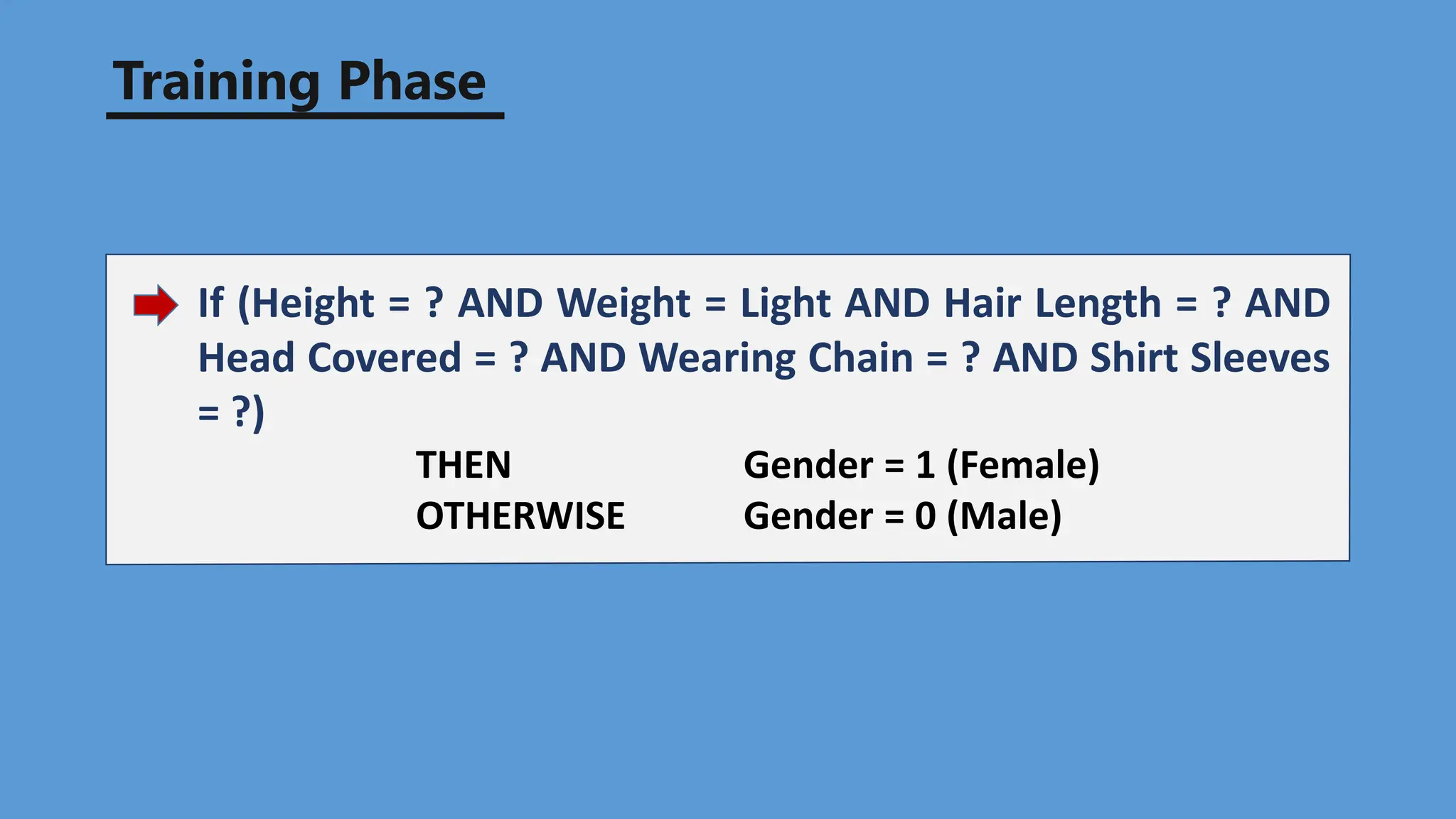 Training Phase
If (Height = ? AND Weight = Light AND Hair Length = ? AND
Head Covered = ? AND Wearing Chain = ? AND Shirt Sleeves
= ?)
THEN Gender = 1 (Female)
OTHERWISE Gender = 0 (Male)
 