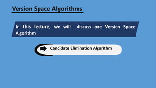 In this lecture, we will discuss one Version Space
Algorithm
Candidate Elimination Algorithm
Version Space Algorithms
 