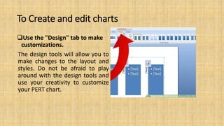 To Create and edit charts
Use the "Design" tab to make
customizations.
The design tools will allow you to
make changes to the layout and
styles. Do not be afraid to play
around with the design tools and
use your creativity to customize
your PERT chart.
 