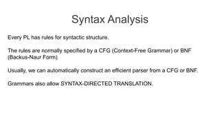 Syntax Analysis
Every PL has rules for syntactic structure.
The rules are normally specified by a CFG (Context-Free Grammar) or BNF
(Backus-Naur Form)
Usually, we can automatically construct an efficient parser from a CFG or BNF.
Grammars also allow SYNTAX-DIRECTED TRANSLATION.
 