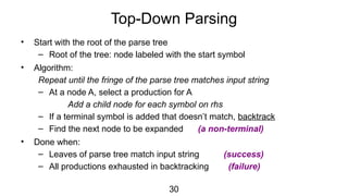 30
Top-Down Parsing
• Start with the root of the parse tree
– Root of the tree: node labeled with the start symbol
• Algorithm:
Repeat until the fringe of the parse tree matches input string
– At a node A, select a production for A
Add a child node for each symbol on rhs
– If a terminal symbol is added that doesn’t match, backtrack
– Find the next node to be expanded (a non-terminal)
• Done when:
– Leaves of parse tree match input string (success)
– All productions exhausted in backtracking (failure)
 