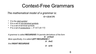 Context-Free Grammars
The mathematical model of a grammar is:
G = (S,N,T,P)
• S is the start-symbol
• N is a set of non-terminal symbols
• T is a set of terminal symbols
• P is a set of productions — P: N  (N T)*
A grammar is called RECURSIVE if it permits derivations of the form
Aw1Aw2
More specifically, it is called LEFT RECURSIVE if
AAw2
And RIGHT RECURSIVE
Aw1A
6
 