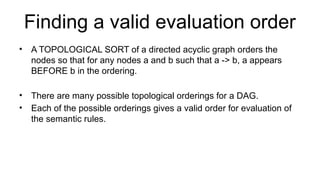 Finding a valid evaluation order
• A TOPOLOGICAL SORT of a directed acyclic graph orders the
nodes so that for any nodes a and b such that a -> b, a appears
BEFORE b in the ordering.
• There are many possible topological orderings for a DAG.
• Each of the possible orderings gives a valid order for evaluation of
the semantic rules.
 