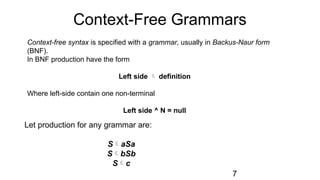Context-Free Grammars
Context-free syntax is specified with a grammar, usually in Backus-Naur form
(BNF).
In BNF production have the form
Left side  definition
Where left-side contain one non-terminal
Left side ^ N = null
Let production for any grammar are:
SaSa
SbSb
Sc
7
 
