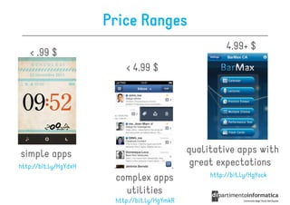 Price Ranges
                                                         4.99+ $
   < .99 $
                           < 4.99 $




simple apps                                    qualitative apps with
http://bit.ly/HgYdxH                            great expectations
                                                    http://bit.ly/HgYock
                        complex apps
                          utilities
                        http://bit.ly/HgYmkR
 