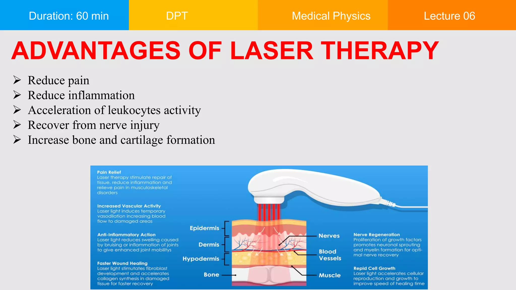 Duration: 60 min DPT Medical Physics Lecture 06
ADVANTAGES OF LASER THERAPY
 Reduce pain
 Reduce inflammation
 Acceleration of leukocytes activity
 Recover from nerve injury
 Increase bone and cartilage formation
 