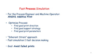 Fast Process Simulation
• For the Process Engineer and Machine Operator:
ANSYS Additive Print
• Optimize Process:
• Find good print direction
• Find good support strategy
• Find good print parameters
• “Inherent Strain” approach
• Fast simulation fast decision making
• Goal: Avoid failed prints
35
 