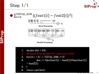 Step 1/1
𝑇𝑂𝑇𝐴𝐿_𝐷𝐼𝑀
|(𝑓𝑒𝑎𝑡1
𝑖=0

1.
2.
3.
4.
5.
6.

𝑖 − 𝑓𝑒𝑎𝑡2 𝑖 )2 |

double dist = 0.0;
#pragma omp parallel for reduction(+:dist)
for(int i = 0; i < TOTAL_DIM; i++){
dist += fabs(feat1[i] - feat2[i])*fabs(feat1[i]
- feat2[i]);
}
return sqrt(dist);
©SIProp Project, 2006-2008

17

 