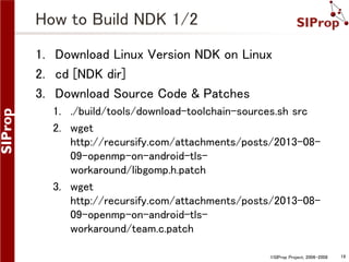 How to Build NDK 1/2
1. Download Linux Version NDK on Linux
2. cd [NDK dir]
3. Download Source Code & Patches
1. ./build/tools/download-toolchain-sources.sh src
2. wget
http://recursify.com/attachments/posts/2013-0809-openmp-on-android-tlsworkaround/libgomp.h.patch
3. wget
http://recursify.com/attachments/posts/2013-0809-openmp-on-android-tlsworkaround/team.c.patch
©SIProp Project, 2006-2008

19

 