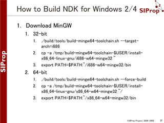 How to Build NDK for Windows 2/4
1. Download MinGW
1. 32-bit
1.
2.

3.

./build/tools/build-mingw64-toolchain.sh --targetarch=i686
cp -a /tmp/build-mingw64-toolchain-$USER/installx86_64-linux-gnu/i686-w64-mingw32 ~
export PATH=$PATH:~/i686-w64-mingw32/bin

2. 64-bit
1.
2.
3.

./build/tools/build-mingw64-toolchain.sh --force-build
cp -a /tmp/build-mingw64-toolchain-$USER/installx86_64-linux-gnu/x86_64-w64-mingw32 ~/
export PATH=$PATH:~/x86_64-w64-mingw32/bin

©SIProp Project, 2006-2008

22

 