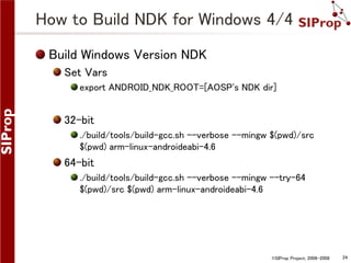 How to Build NDK for Windows 4/4
Build Windows Version NDK
Set Vars
export ANDROID_NDK_ROOT=[AOSP's NDK dir]

32-bit
./build/tools/build-gcc.sh --verbose --mingw $(pwd)/src
$(pwd) arm-linux-androideabi-4.6

64-bit
./build/tools/build-gcc.sh --verbose --mingw --try-64
$(pwd)/src $(pwd) arm-linux-androideabi-4.6

©SIProp Project, 2006-2008

24

 