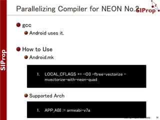Parallelizing Compiler for NEON No.2
gcc
Android uses it.

How to Use
Android.mk
1.

LOCAL_CFLAGS += -O3 -ftree-vectorize mvectorize-with-neon-quad

Supported Arch
1.

APP_ABI := armeabi-v7a
©SIProp Project, 2006-2008

30

 