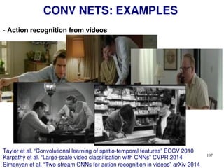107
CONV NETS: EXAMPLES
- Action recognition from videos
Taylor et al. “Convolutional learning of spatio-temporal features” ECCV 2010
Karpathy et al. “Large-scale video classification with CNNs” CVPR 2014
Simonyan et al. “Two-stream CNNs for action recognition in videos” arXiv 2014
 