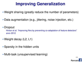 123
Improving Generalization
Weight sharing (greatly reduce the number of parameters)
Data augmentation (e.g., jittering, noise injection, etc.)
Dropout
Hinton et al. “Improving Nns by preventing co-adaptation of feature detectors”
arxiv 2012
Weight decay (L2, L1)
Sparsity in the hidden units
Multi-task (unsupervised learning)
Ranzato
 