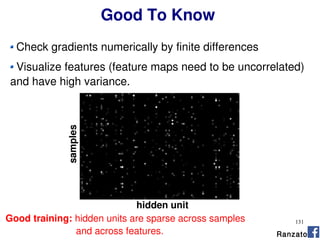 131
Good To Know
Check gradients numerically by finite differences
Visualize features (feature maps need to be uncorrelated)
and have high variance.
samples
hidden unit
Good training: hidden units are sparse across samples
and across features. Ranzato
 