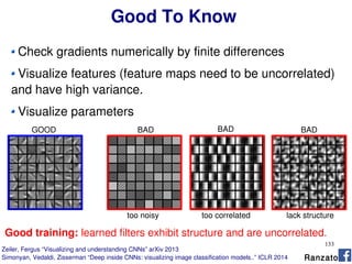 133
Check gradients numerically by finite differences
Visualize features (feature maps need to be uncorrelated)
and have high variance.
Visualize parameters
Good training: learned filters exhibit structure and are uncorrelated.
GOOD BADBAD BAD
too noisy too correlated lack structure
Ranzato
Good To Know
Zeiler, Fergus “Visualizing and understanding CNNs” arXiv 2013
Simonyan, Vedaldi, Zisserman “Deep inside CNNs: visualizing image classification models..” ICLR 2014
 