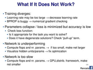 135
What If It Does Not Work?
Training diverges:
Learning rate may be too large → decrease learning rate
BPROP is buggy → numerical gradient checking
Parameters collapse / loss is minimized but accuracy is low
Check loss function:
Is it appropriate for the task you want to solve?
Does it have degenerate solutions? Check “pull-up” term.
Network is underperforming
Compute flops and nr. params. → if too small, make net larger
Visualize hidden units/params → fix optmization
Network is too slow
Compute flops and nr. params. → GPU,distrib. framework, make
net smaller
Ranzato
 