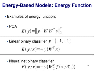 150
Examples of energy function:
PCA
Linear binary classifier
Neural net binary classifier
Energy-Based Models: Energy Function
E y=∥y−W W
T
y∥2
2
E y ; x=−yW T
x
y∈{−1,1}
E y ; x=−yW 2
T
f x ;W 1
 