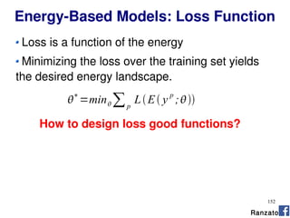 152
Energy-Based Models: Loss Function
Loss is a function of the energy
Minimizing the loss over the training set yields
the desired energy landscape.

∗
=min∑p
LE y
p
;
How to design loss good functions?
Ranzato
 