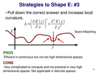 163
Strategies to Shape E: #3
Pull down the correct answer and increase local
curvature.
PROS
Efficient in continuous but not too high dimensional spaces.
CONS
Very complicated to compute and not practical in very high
dimensional spaces. Not applicable in discrete spaces.
E Score Matching
y
L=∂ E  y
∂ y 
2

∂2
E  y
∂ y2
 