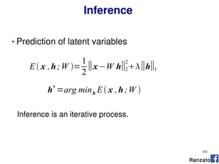 181
Inference
Prediction of latent variables
h∗
=arg minh E x ,h;W 
Inference is an iterative process.
E x ,h;W =
1
2
∥x−W h∥2
2
∥h∥1
Ranzato
 