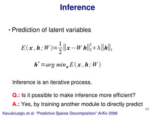 182
Inference
Prediction of latent variables
h∗
=arg minh E x ,h;W 
Inference is an iterative process.
E x ,h;W =
1
2
∥x−W h∥2
2
∥h∥1
Q.: Is it possible to make inference more efficient?
A.: Yes, by training another module to directly predict
Kavukcuoglu et al. “Predictive Sparse Decomposition” ArXiv 2008
 