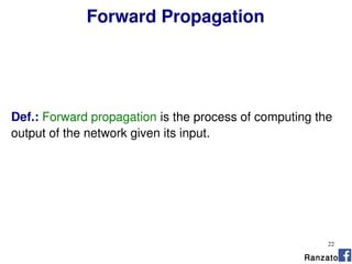 22
Forward Propagation
Ranzato
Def.: Forward propagation is the process of computing the
output of the network given its input.
 