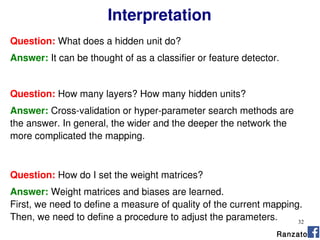 32
Interpretation
Ranzato
Question: How many layers? How many hidden units?
Answer: Cross-validation or hyper-parameter search methods are
the answer. In general, the wider and the deeper the network the
more complicated the mapping.
Question: What does a hidden unit do?
Answer: It can be thought of as a classifier or feature detector.
Question: How do I set the weight matrices?
Answer: Weight matrices and biases are learned.
First, we need to define a measure of quality of the current mapping.
Then, we need to define a procedure to adjust the parameters.
 