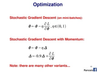43
Optimization
Stochastic Gradient Descent (on mini-batches):
  −
∂ L
∂
,∈0,1
Stochastic Gradient Descent with Momentum:
 0.9 
∂ L
∂
  −
Ranzato
Note: there are many other variants...
 