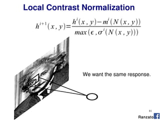 81
We want the same response.
Ranzato
Local Contrast Normalization
h
i1
 x , y=
hi
x , y−mi
N x , y
max  ,
i
N x , y
 