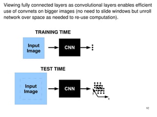 92
Viewing fully connected layers as convolutional layers enables efficient
use of convnets on bigger images (no need to slide windows but unroll
network over space as needed to re-use computation).
CNNInput
Image
CNN
Input
Image
Input
Image
TRAINING TIME
TEST TIME
x
y
 