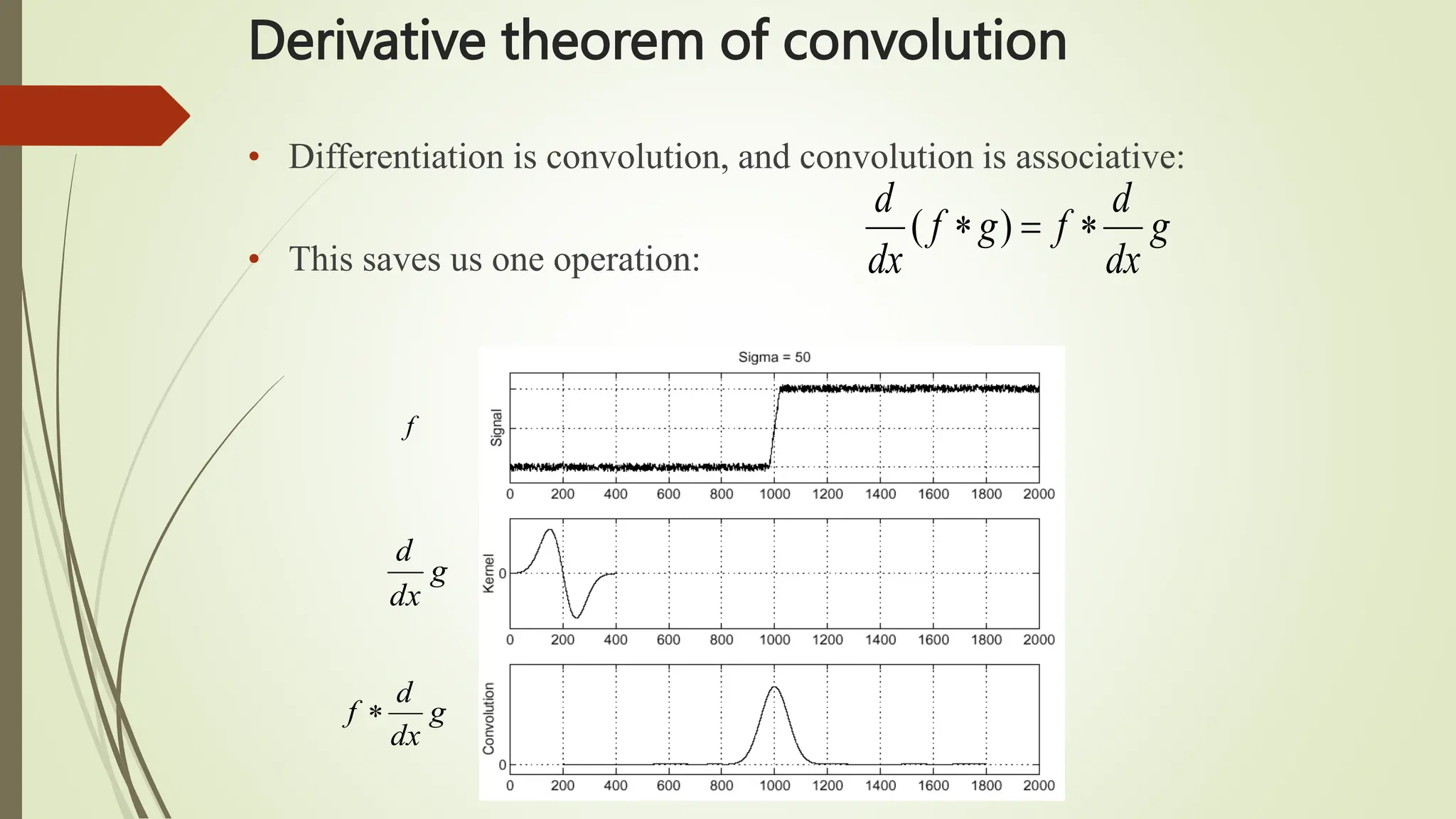 • Differentiation is convolution, and convolution is associative:
• This saves us one operation:
g
dx
d
f
g
f
dx
d


 )
(
Derivative theorem of convolution
g
dx
d
f 
f
g
dx
d
 