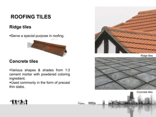 ROOFING TILES
Ridge tiles
Serve a special purpose in roofing.
Concrete tiles
Various shapes & shades from 1:3
cement mortar with powdered coloring
ingredient.
Used commonly in the form of precast
thin slabs.
Ridge tiles
Concrete tiles
 