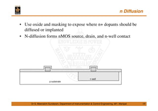n Diffusion
19
• Use oxide and masking to expose where n+ dopants should be
diffused or implanted
• N-diffusion forms nMOS source, drain, and n-well contact
Dr S. Meenatchi Sundaram, Department of Instrumentation & Control Engineering, MIT, Manipal
p substrate
n well
 