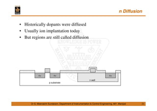 n Diffusion
21
• Historically dopants were diffused
• Usually ion implantation today
• But regions are still called diffusion
Dr S. Meenatchi Sundaram, Department of Instrumentation & Control Engineering, MIT, Manipal
n well
p substrate
n+n+ n+
 