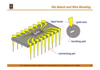 Die Attach and Wire Bonding
29Dr S. Meenatchi Sundaram, Department of Instrumentation & Control Engineering, MIT, Manipal
lead frame gold wire
bonding pad
connecting pin
 