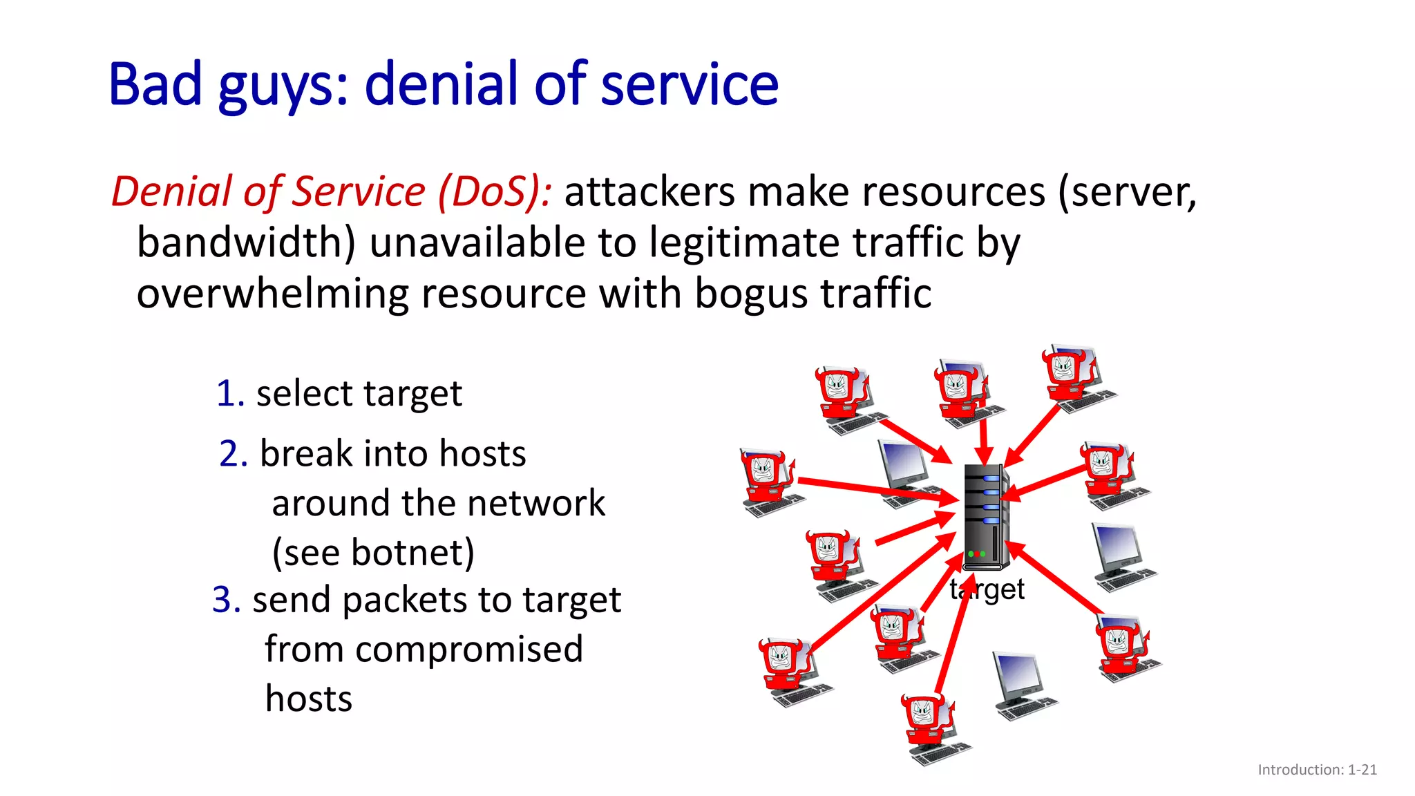 Bad guys: denial of service
Introduction: 1-21
target
Denial of Service (DoS): attackers make resources (server,
bandwidth) unavailable to legitimate traffic by
overwhelming resource with bogus traffic
1. select target
2. break into hosts
around the network
(see botnet)
3. send packets to target
from compromised
hosts
 