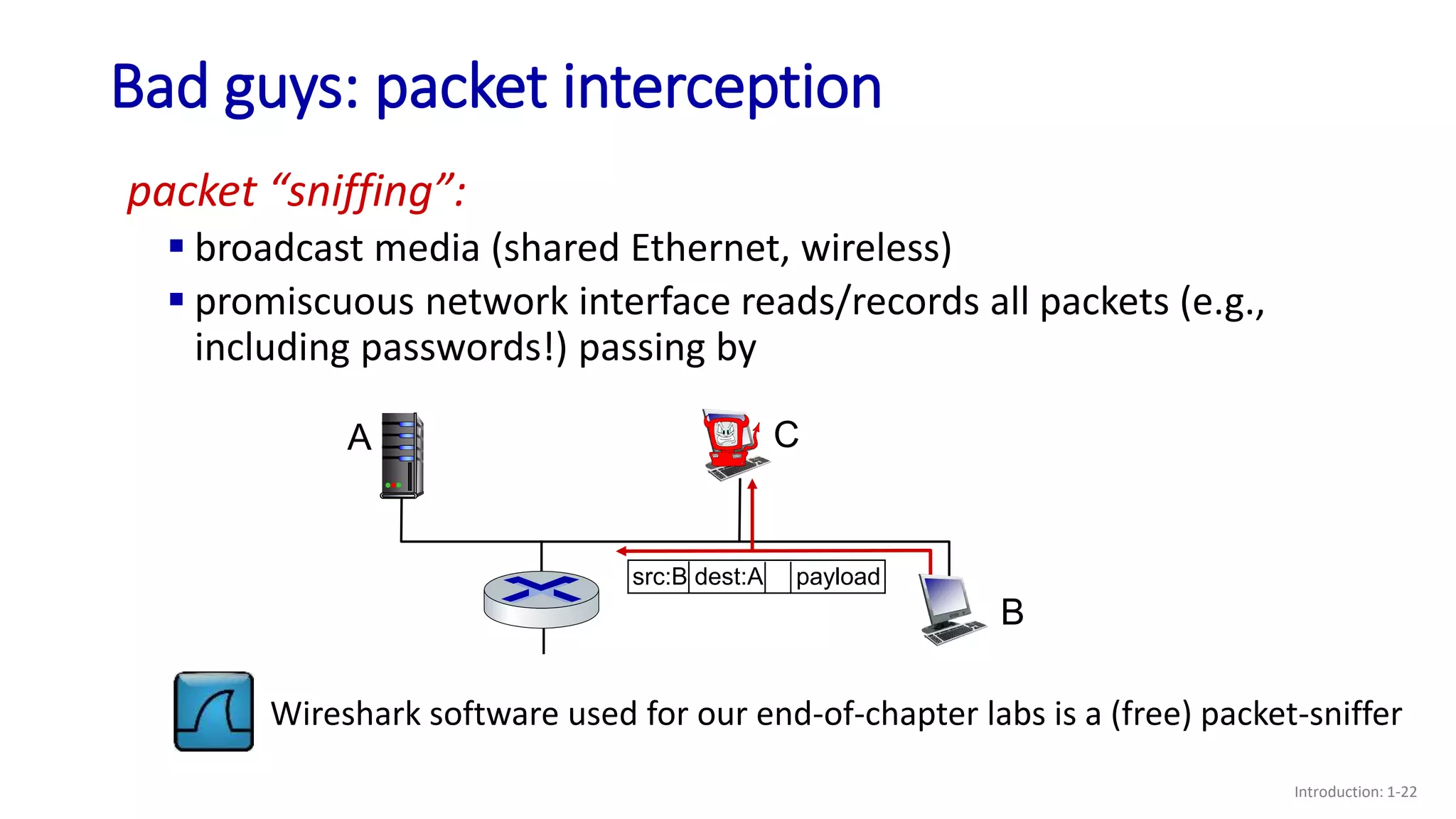 Bad guys: packet interception
Introduction: 1-22
packet “sniffing”:
 broadcast media (shared Ethernet, wireless)
 promiscuous network interface reads/records all packets (e.g.,
including passwords!) passing by
A
B
C
src:B dest:A payload
Wireshark software used for our end-of-chapter labs is a (free) packet-sniffer
 
