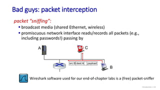 Bad guys: packet interception
Introduction: 1-22
packet “sniffing”:
 broadcast media (shared Ethernet, wireless)
 promis...