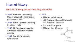 Internet history
Introduction: 1-25
 1961: Kleinrock - queueing
theory shows effectiveness of
packet-switching
 1964: Ba...