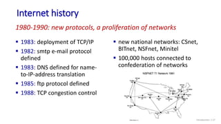 Internet history
Introduction: 1-27
 1983: deployment of TCP/IP
 1982: smtp e-mail protocol
defined
 1983: DNS defined ...