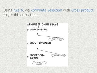 Using rule 8, we commute Selection with Cross product
to get this query tree.
 