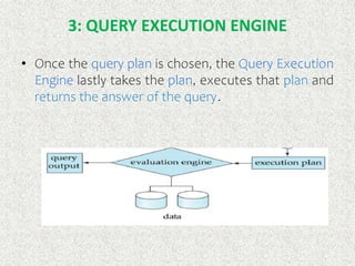 3: QUERY EXECUTION ENGINE
• Once the query plan is chosen, the Query Execution
Engine lastly takes the plan, executes that plan and
returns the answer of the query.
 
