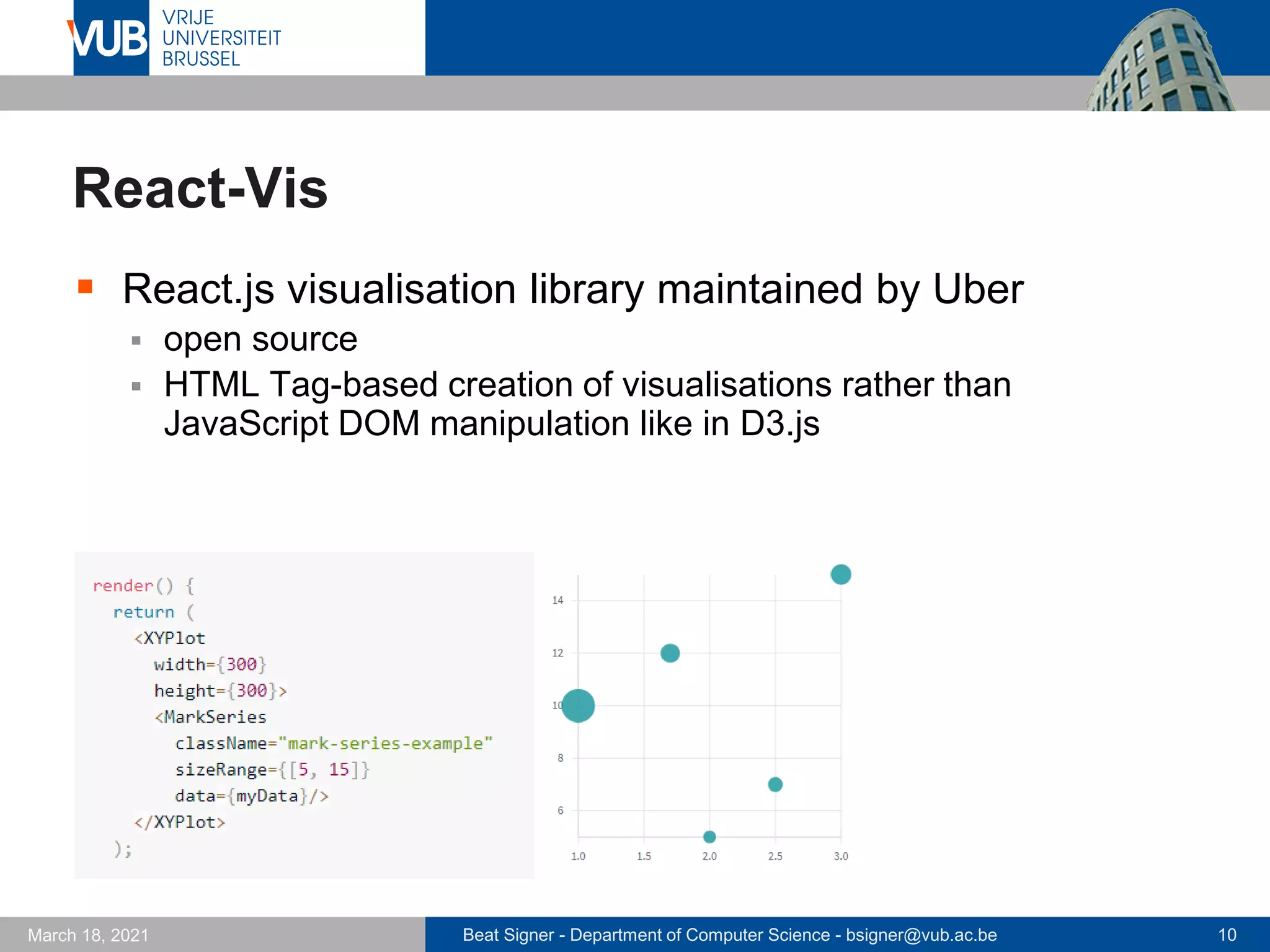 Beat Signer - Department of Computer Science - bsigner@vub.ac.be 10
March 18, 2021
React-Vis
▪ React.js visualisation library maintained by Uber
▪ open source
▪ HTML Tag-based creation of visualisations rather than
JavaScript DOM manipulation like in D3.js
 