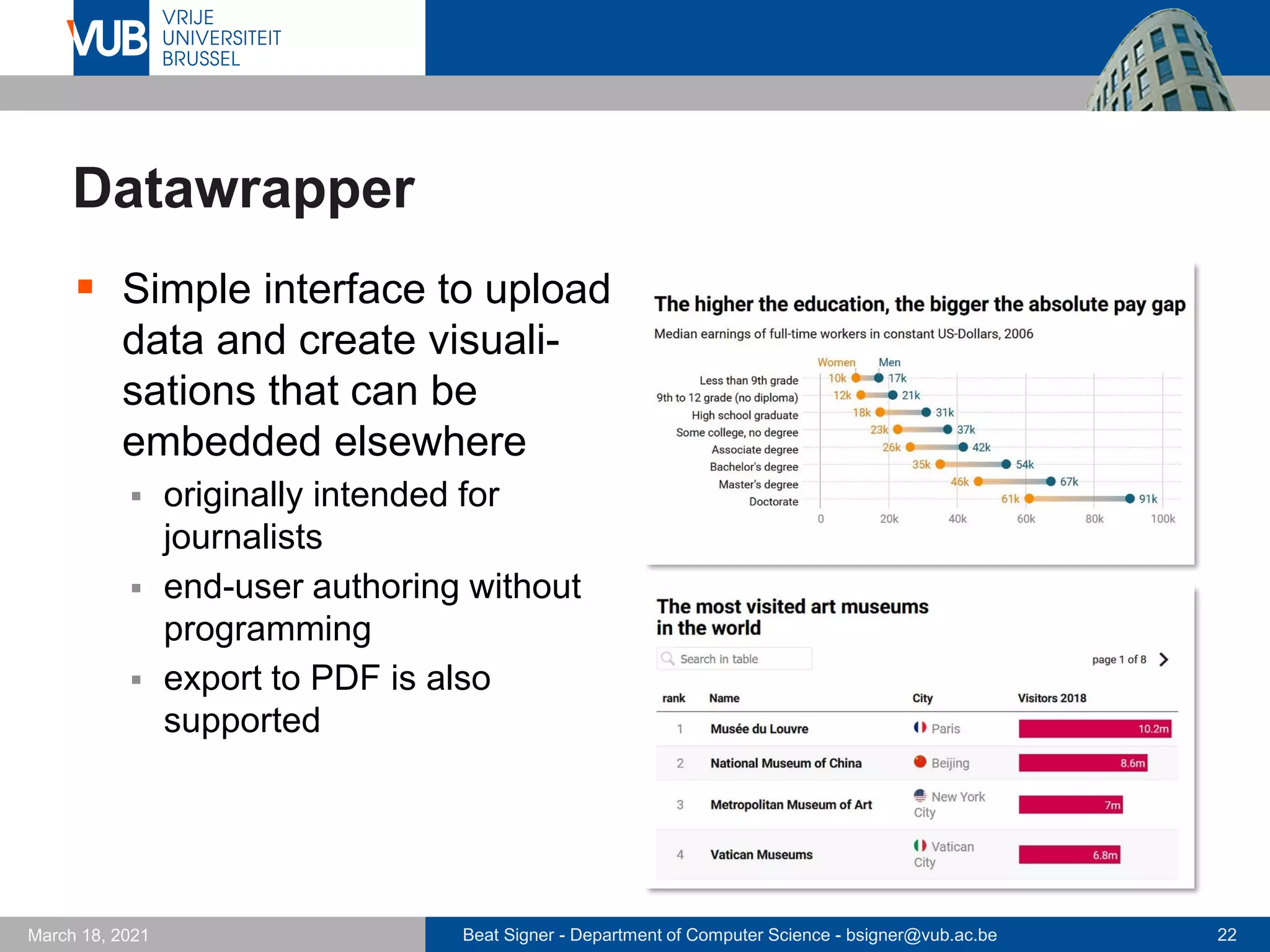 Beat Signer - Department of Computer Science - bsigner@vub.ac.be 22
March 18, 2021
Datawrapper
▪ Simple interface to upload
data and create visuali-
sations that can be
embedded elsewhere
▪ originally intended for
journalists
▪ end-user authoring without
programming
▪ export to PDF is also
supported
 