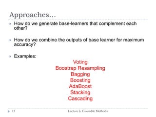 Approaches…
Lecture 6: Ensemble Methods13
 How do we generate base-learners that complement each
other?
 How do we combine the outputs of base learner for maximum
accuracy?
 Examples:
Voting
Boostrap Resampling
Bagging
Boosting
AdaBoost
Stacking
Cascading
 