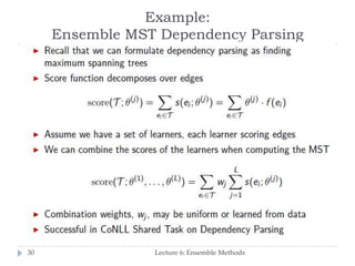 Example:
Ensemble MST Dependency Parsing
Lecture 6: Ensemble Methods30
 